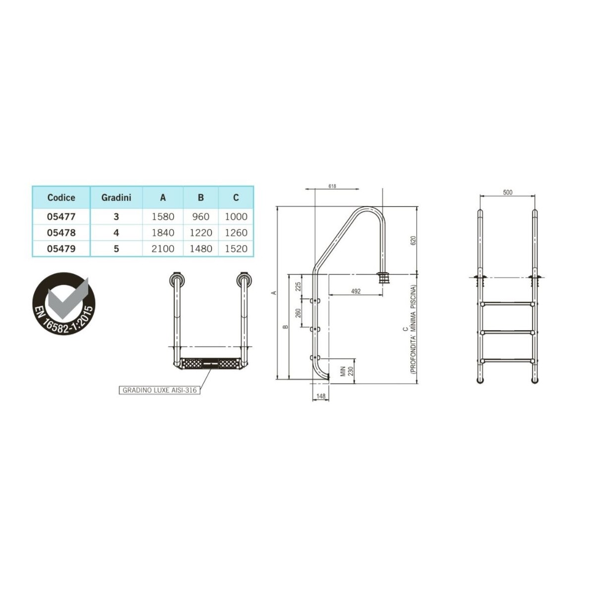 Pool ladder with handrail model "Standard" - step model "Luxe"